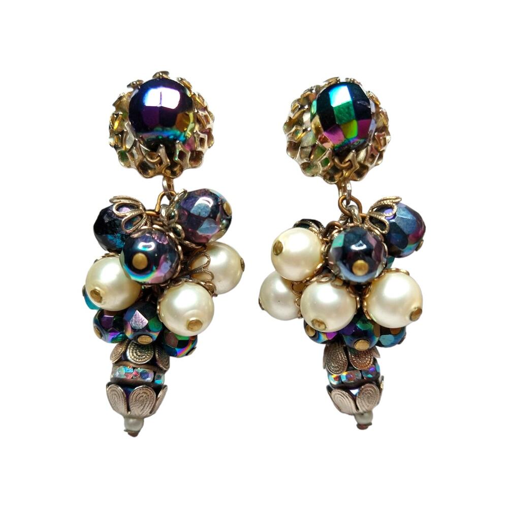 50's Vintage Iridescent Dangle Earrings Aurora Borealis & Pearls Miriam Haskell?